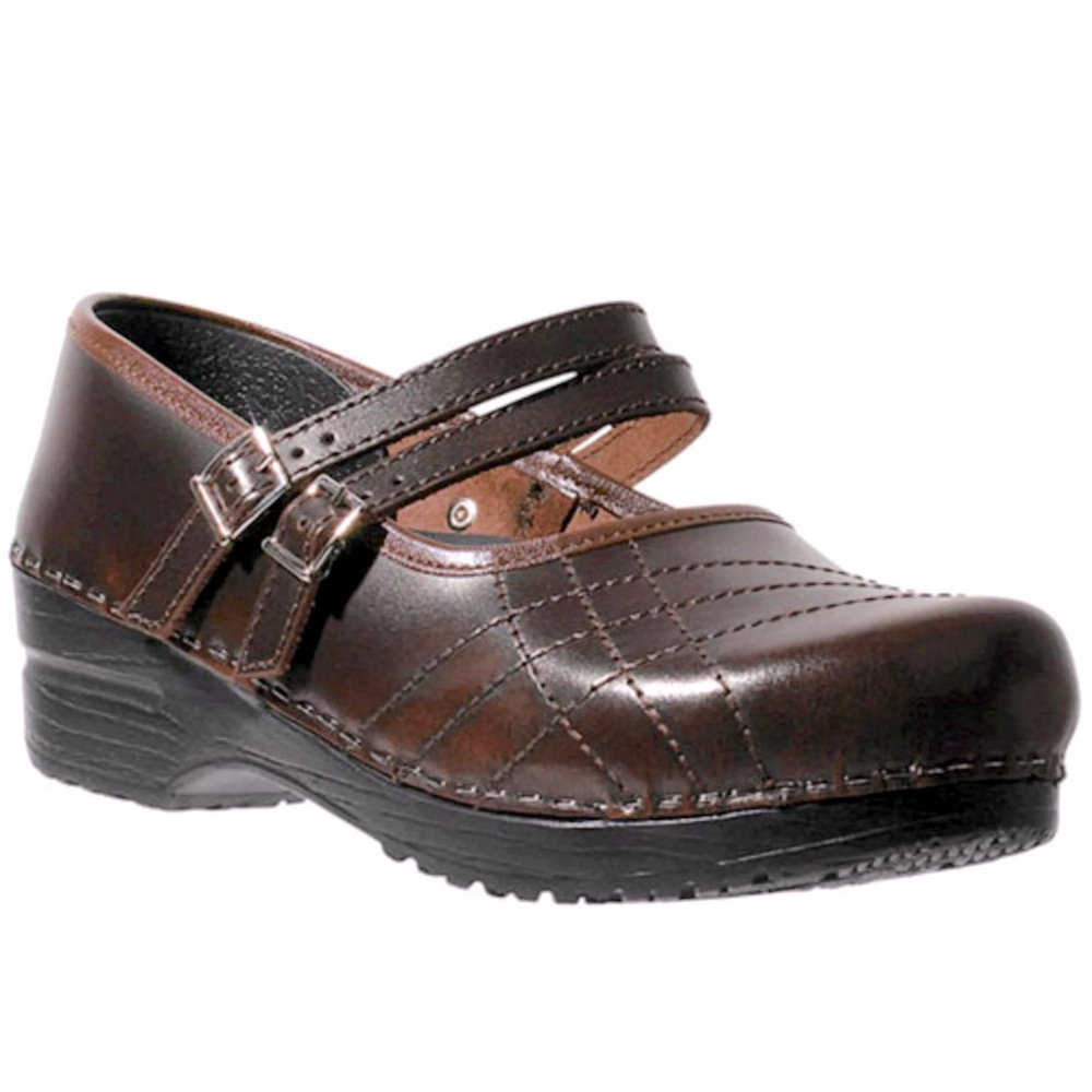 Sanita Mary Jane Double Strap Leather Clogs Brown & Black Size 37